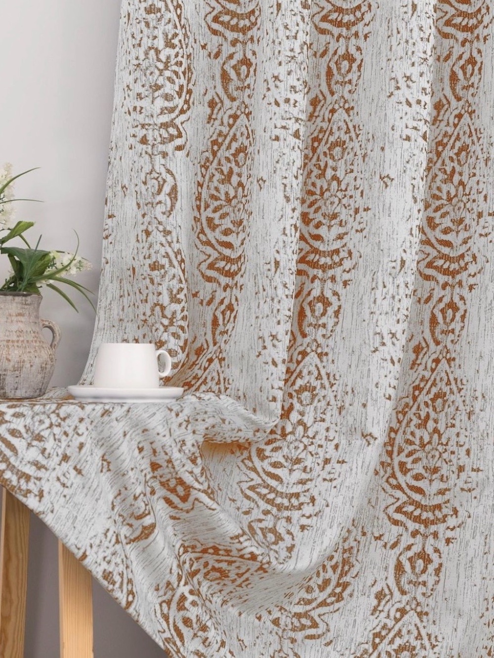 Rust Medallion Pattern Window Curtain Panel - White and Rust - Picture 4 of 10